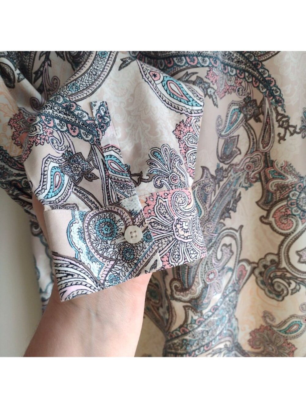 Chicos Pink Paisley Shirt L No Iron Button Front Tunic Length Cotton Top Sz 2 - Picture 7 of 10
